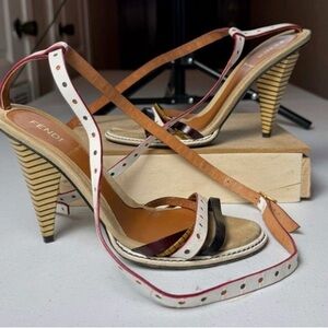 Fendi White, Tan and Red Strappy High Heel Sandals